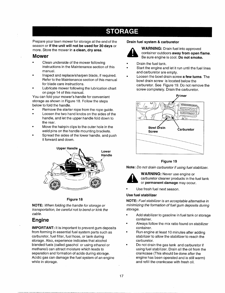 Mower, Drain fuel system & carburetor, Engine | Use fuel stabilizer, Storage | Sears 247.38824 User Manual | Page 17 / 44