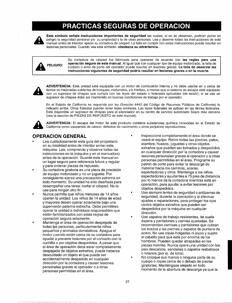 Practicas seguras de operacion | Sears 247.38824 User Manual | Page 27 / 44