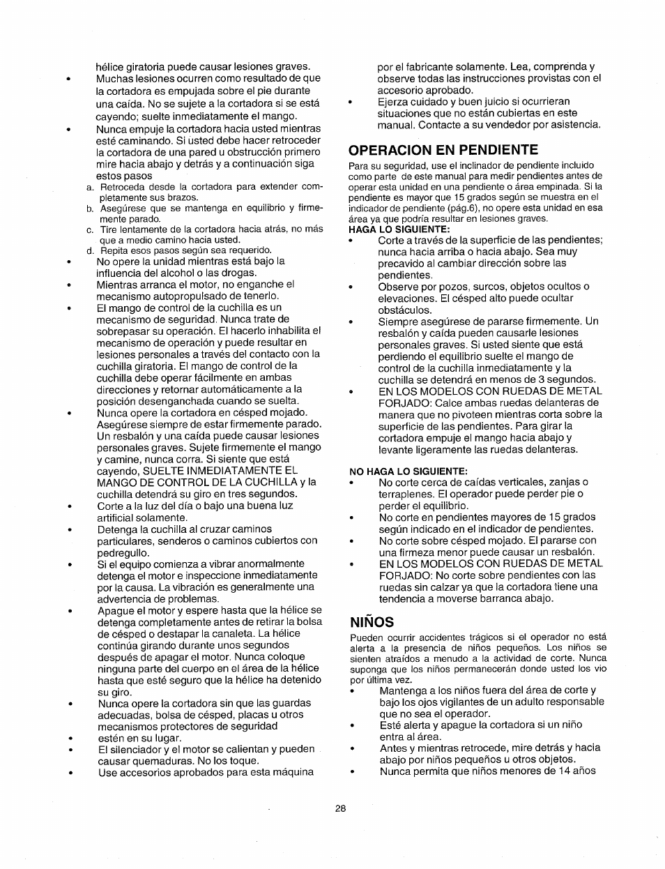 Operacion en pendiente, Niños | Sears 247.38824 User Manual | Page 28 / 44