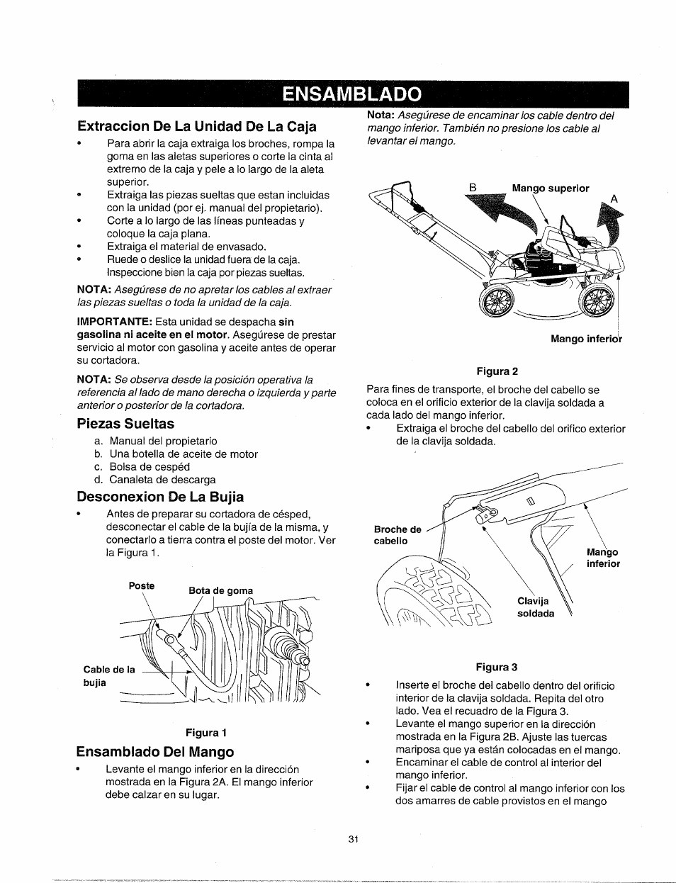 Extracción de la unidad de la caja, Piezas sueltas, Desconexión de la bujia | Figura 1, Ensamblado del mango, Figura 2, Figura 3, Ensamblado | Sears 247.38824 User Manual | Page 31 / 44