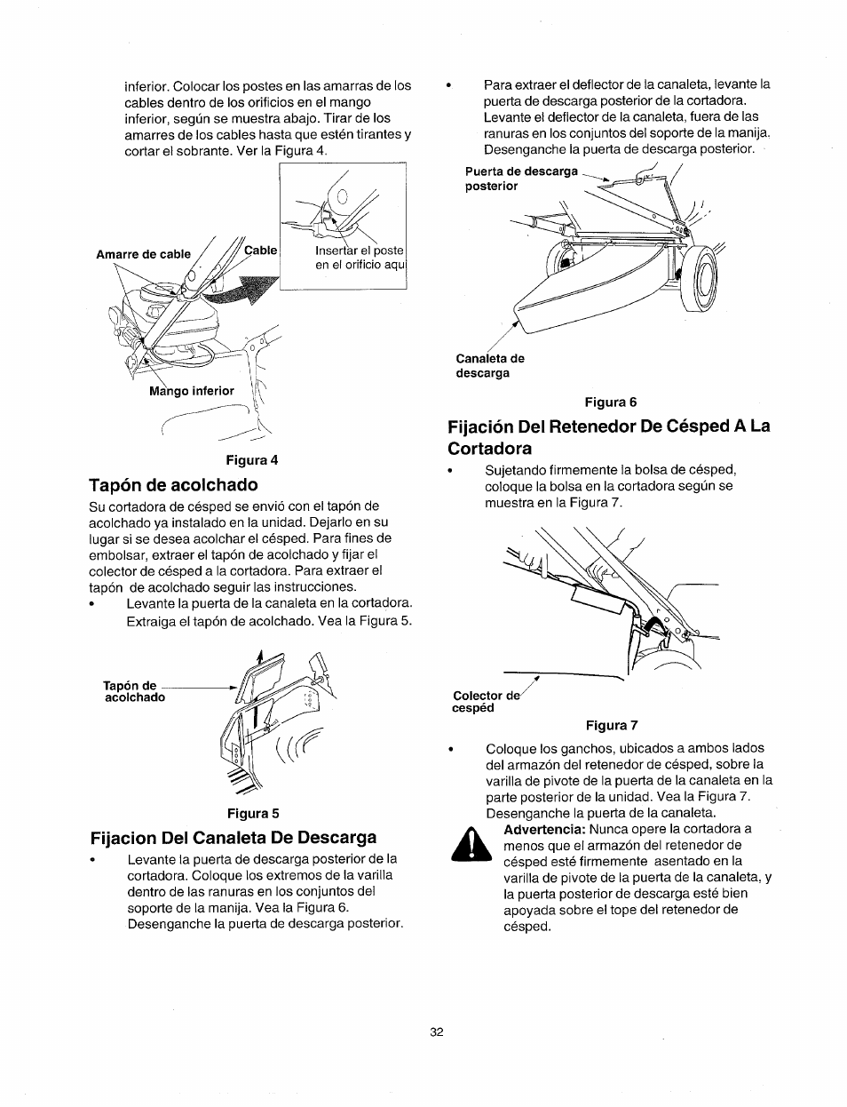 Figura 4, Tapón de acolchado, Figura 6 | Fijación del retenedor de césped a la cortadora, Fijación del canaleta de descarga | Sears 247.38824 User Manual | Page 32 / 44