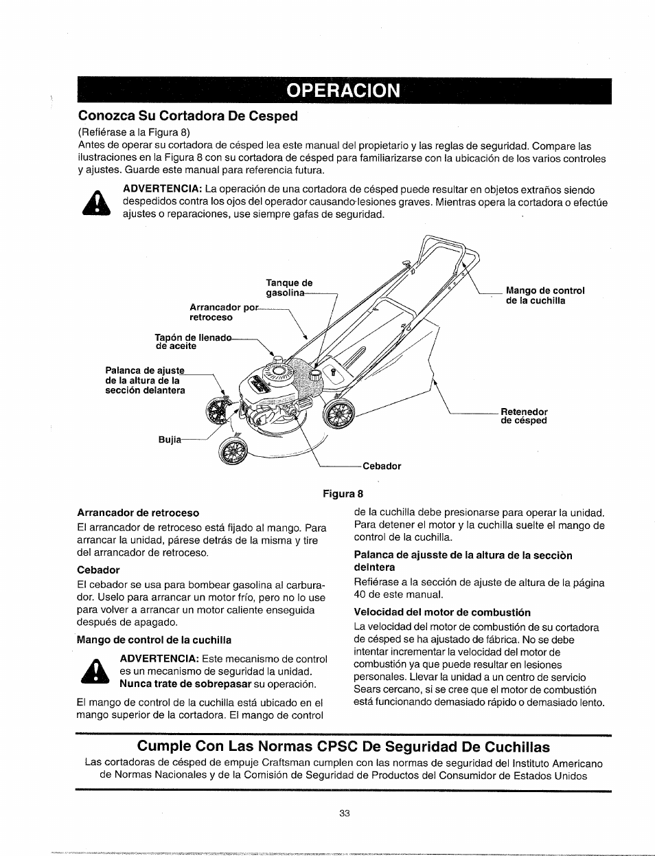Conozca su cortadora de cesped, Arrancador de retroceso, Cebador | Velocidad del motor de combustión, Operacion | Sears 247.38824 User Manual | Page 33 / 44