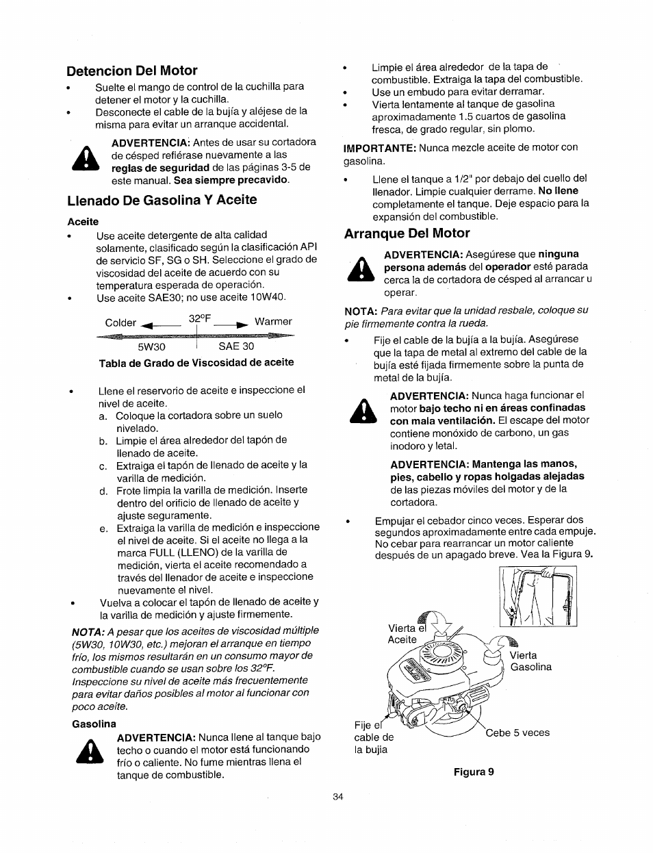 Detención del motor, Llenado de gasolina y aceite, Aceite | Tabla de grado de viscosidad de aceite, Gasolina, Arranque del motor | Sears 247.38824 User Manual | Page 34 / 44