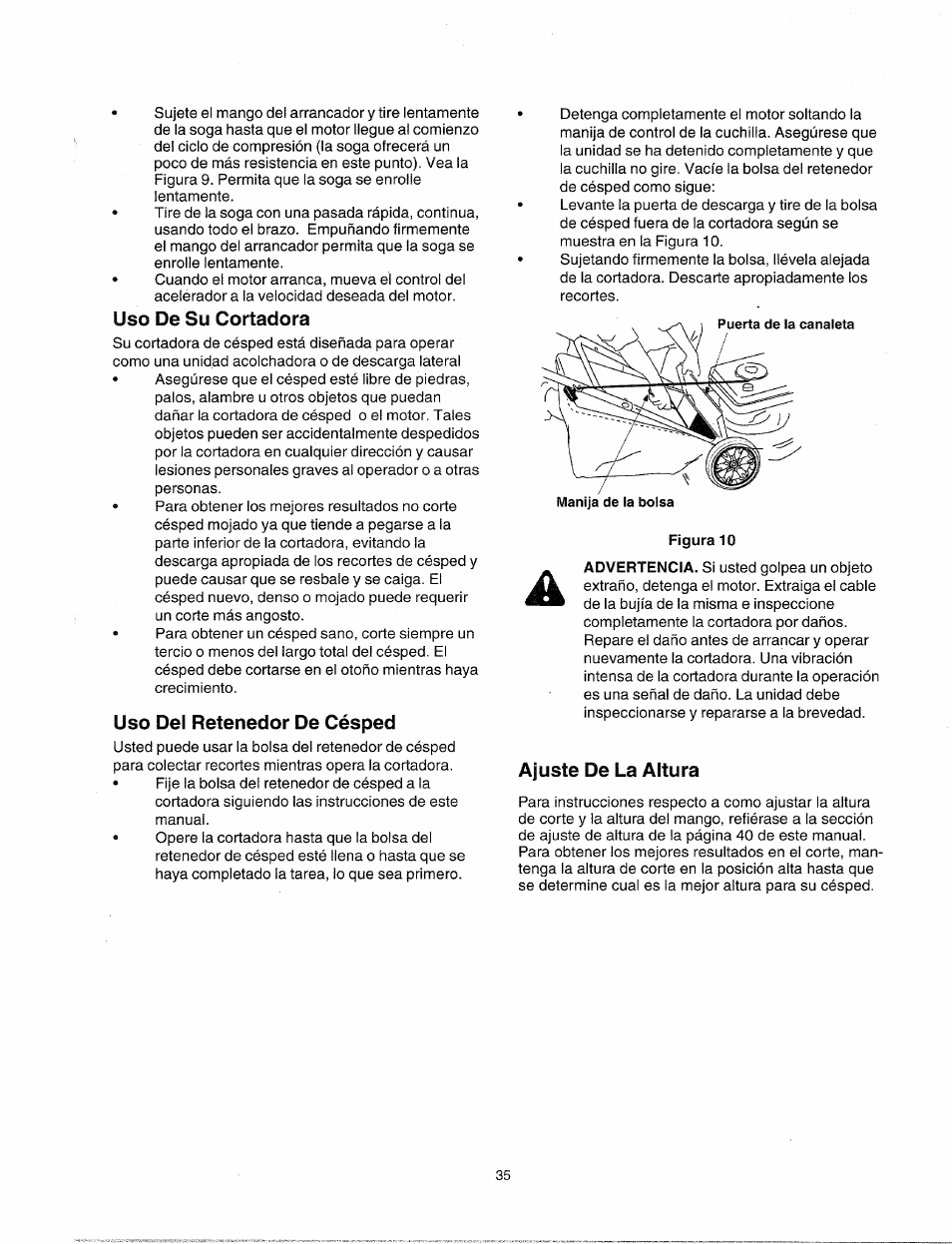 Uso de su cortadora, Uso del retenedor de césped, Figura 10 | Ajuste de la altura | Sears 247.38824 User Manual | Page 35 / 44