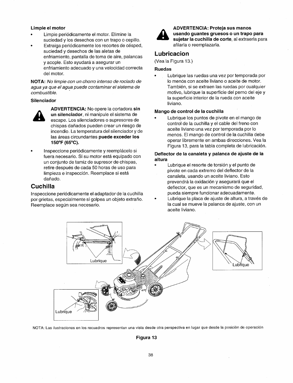 Limpie el motor, Silenciador, Cuchilla | Lubricación, Ruedas, Figura 13 | Sears 247.38824 User Manual | Page 38 / 44