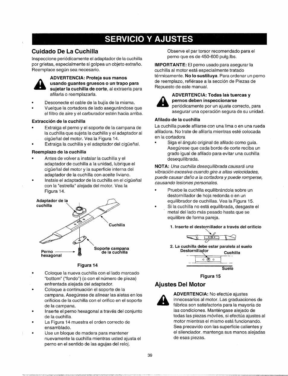 Cuidado de la cuchilla, Extracción de la cuchilla, Afilado de la cuchilla | Figura 15, Ajustes del motor, Servicio y ajustes | Sears 247.38824 User Manual | Page 39 / 44
