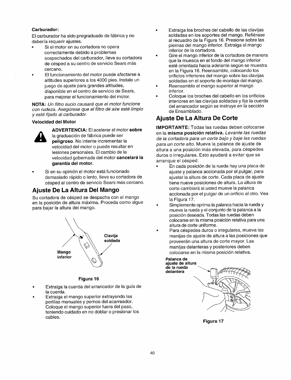 Carburador, Velocidad del motor, Ajuste de la altura del mango | Ajuste de la altura de corte | Sears 247.38824 User Manual | Page 40 / 44