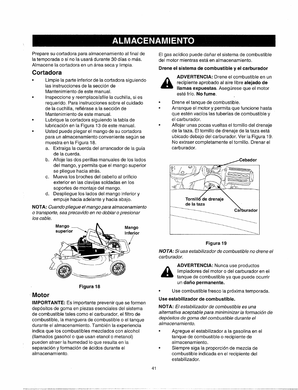 Cortadora, Motor, Use estabilizador de combustible | Almacenamiento | Sears 247.38824 User Manual | Page 41 / 44