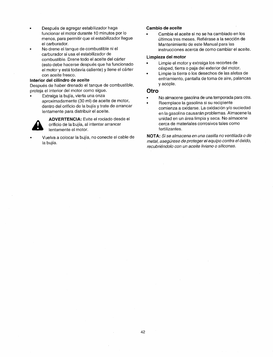 Cambio de aceite, Otro | Sears 247.38824 User Manual | Page 42 / 44