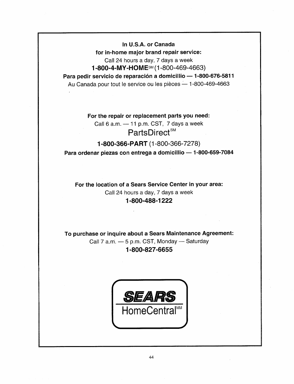 1 -800-4-my-homes^ (1 -800-469-4663), Partsdirect | Sears 247.38824 User Manual | Page 44 / 44