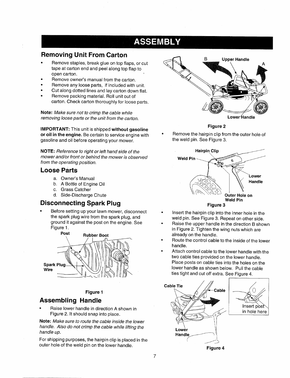 Removing unit from carton, Loose parts, Disconnecting spark plug | Assembly | Sears 247.38824 User Manual | Page 7 / 44