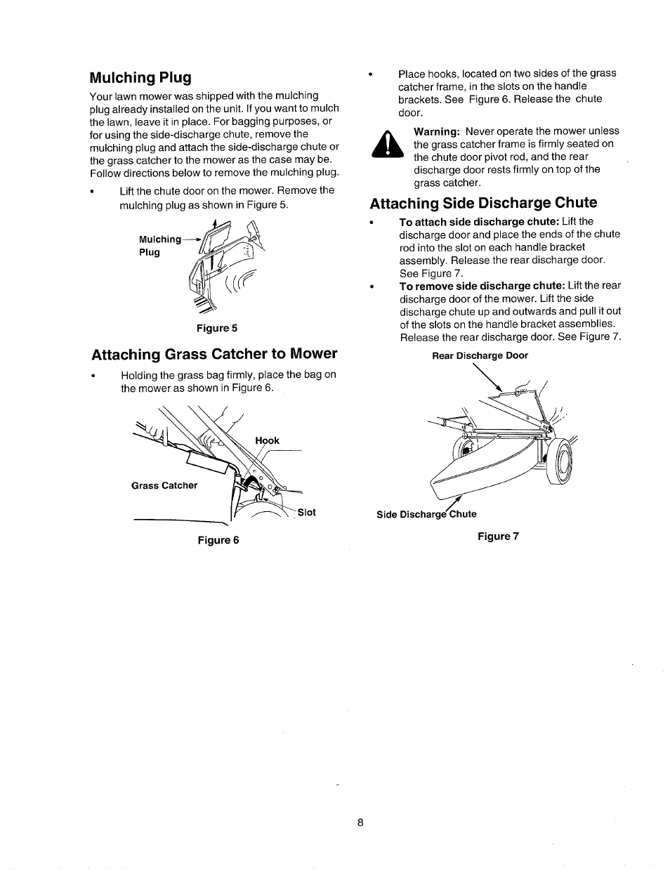 Mulching plug, Attaching grass catcher to mower, Attaching side discharge chute | Sears 247.38824 User Manual | Page 8 / 44