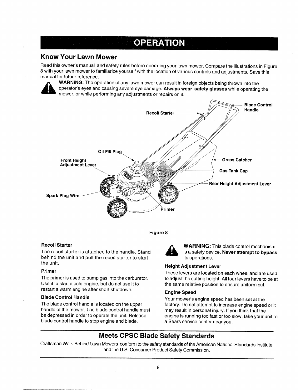 Know your lawn mower, Recoil starter, Primer | Blade control handle, Meets cpsc blade safety standards, Operation | Sears 247.38824 User Manual | Page 9 / 44