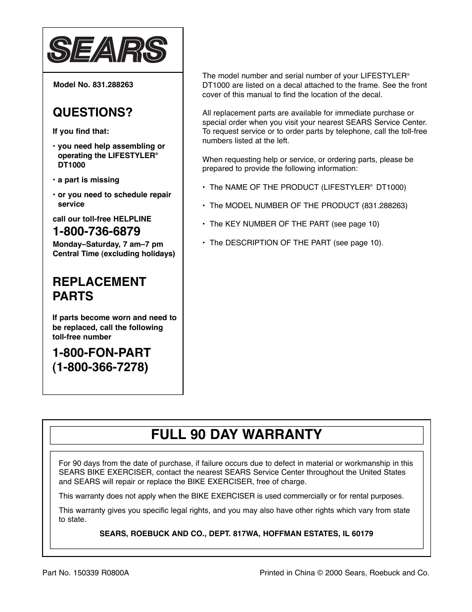 Full 90 day warranty, Questions, Replacement parts | Sears 831.288263 User Manual | Page 12 / 12