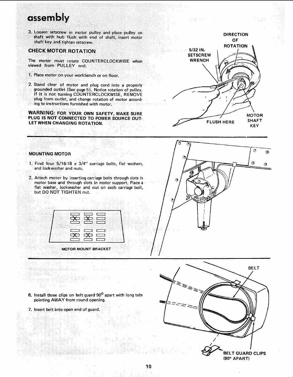 Check motor rotation, Assembly | Sears 113.206930 User Manual | Page 10 / 32