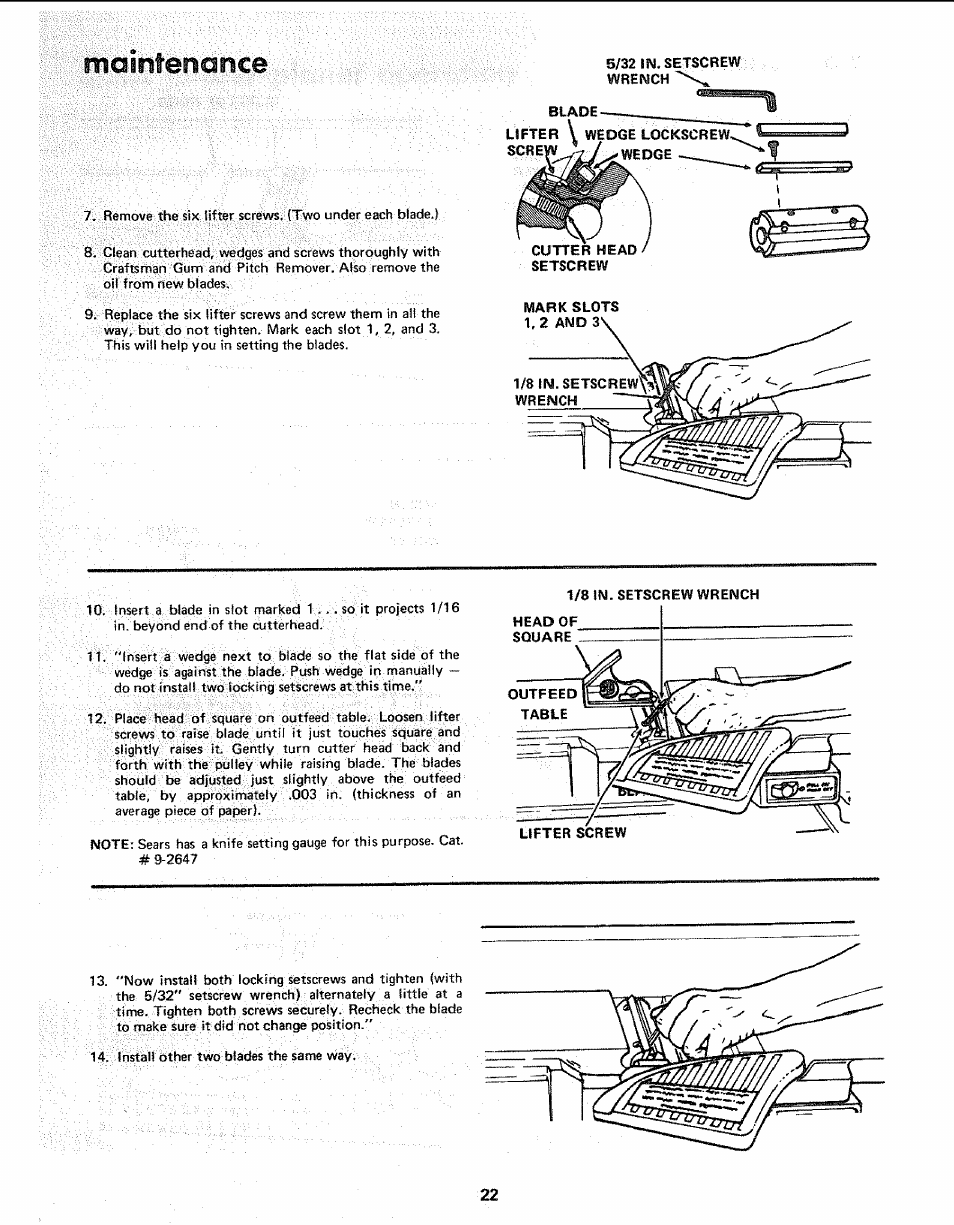 Mainferiance, Maintenance, Blade | Mark slots | Sears 113.206930 User Manual | Page 22 / 32