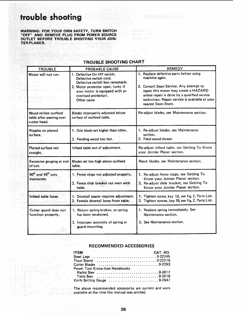 Froyble shooting, Trouble shooting chart, Recommended accessories | Troubleshooting, Becommended accessories | Sears 113.206930 User Manual | Page 26 / 32