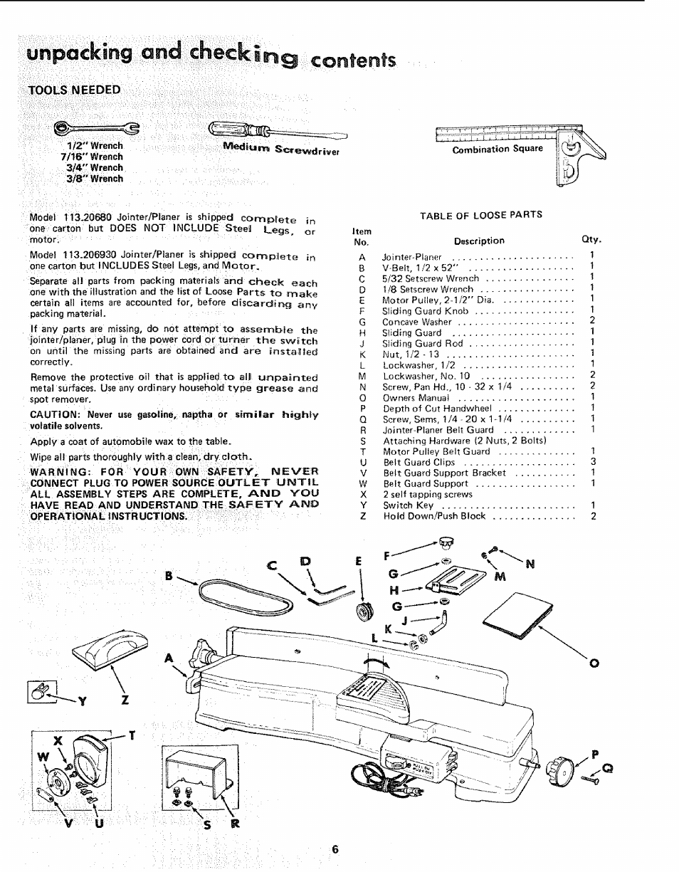 Unpacking and check ii, Tools needed, One carton but does not include steel legs, or | Sears 113.206930 User Manual | Page 6 / 32