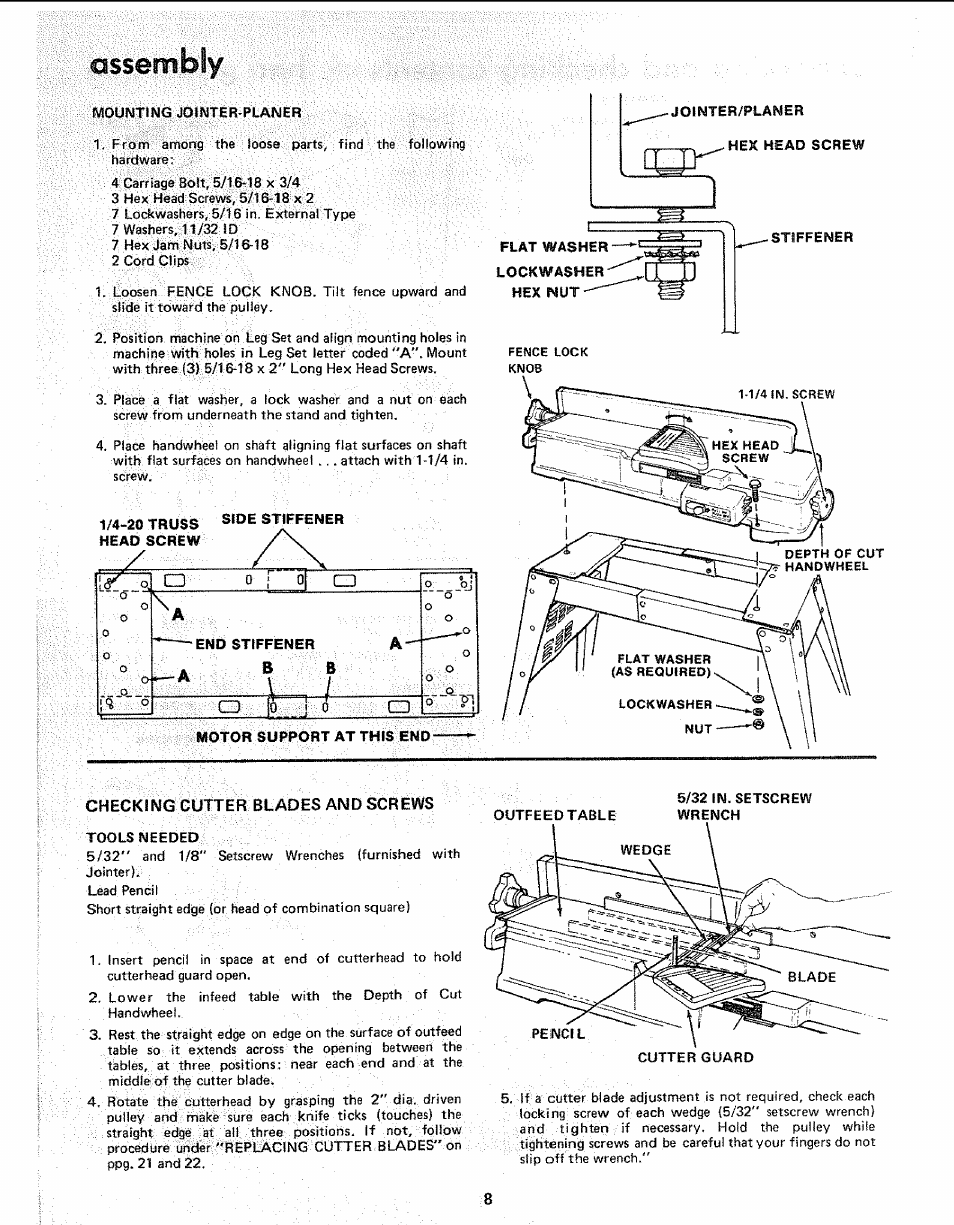 Ossembly, Checking cutter blades and screws, Assembly | Checking cutterblade screws | Sears 113.206930 User Manual | Page 8 / 32