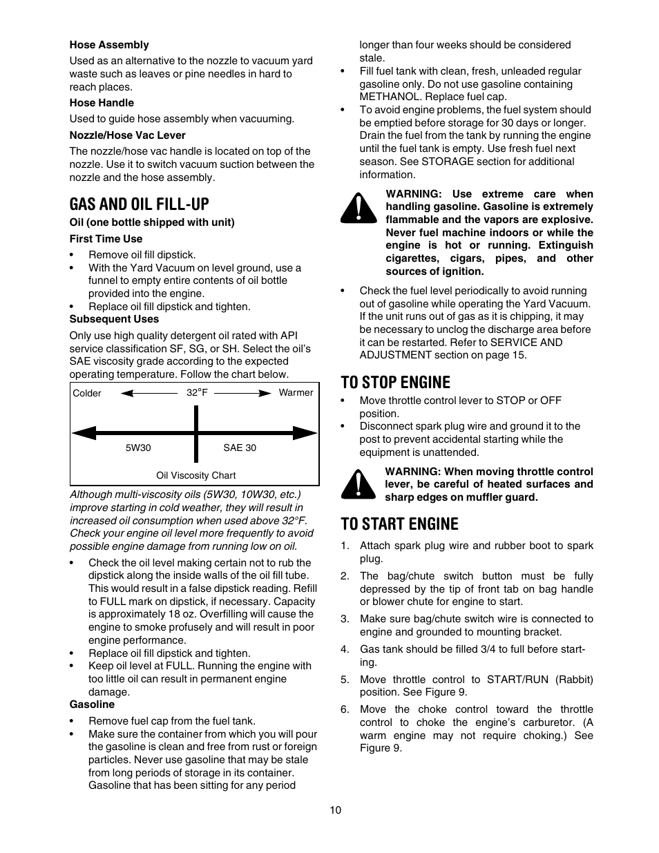 Gas and oil fill-up, To stop engine, To start engine | Sears Craftsman 247.77055 User Manual | Page 10 / 56