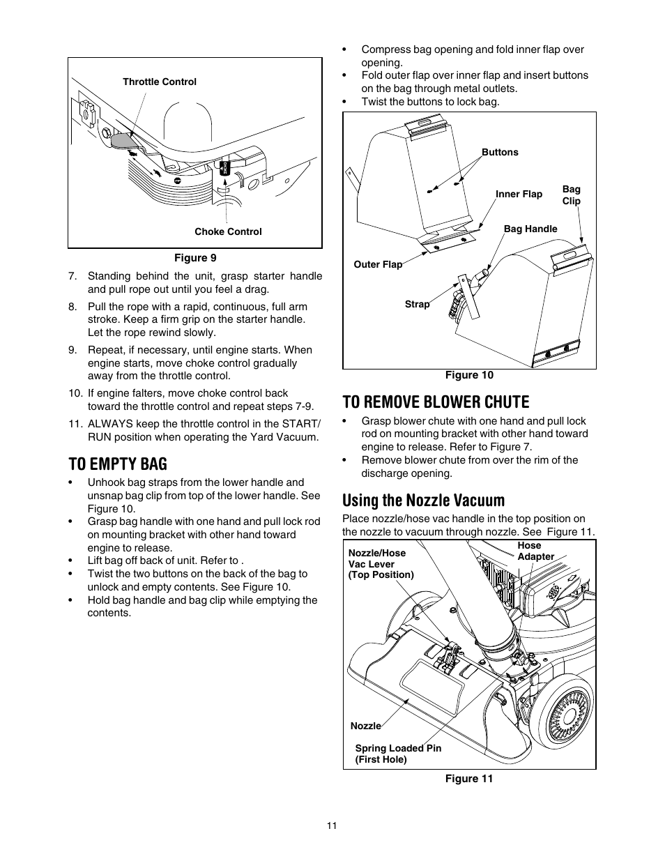 To empty bag, To remove blower chute, Using the nozzle vacuum | Sears Craftsman 247.77055 User Manual | Page 11 / 56