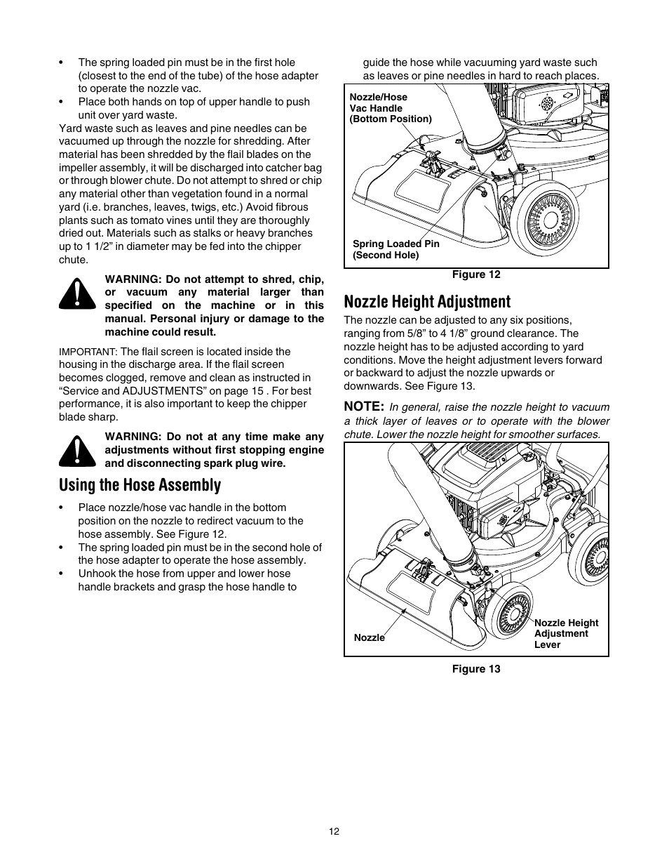 Nozzle height adjustment, Using the hose assembly | Sears Craftsman 247.77055 User Manual | Page 12 / 56