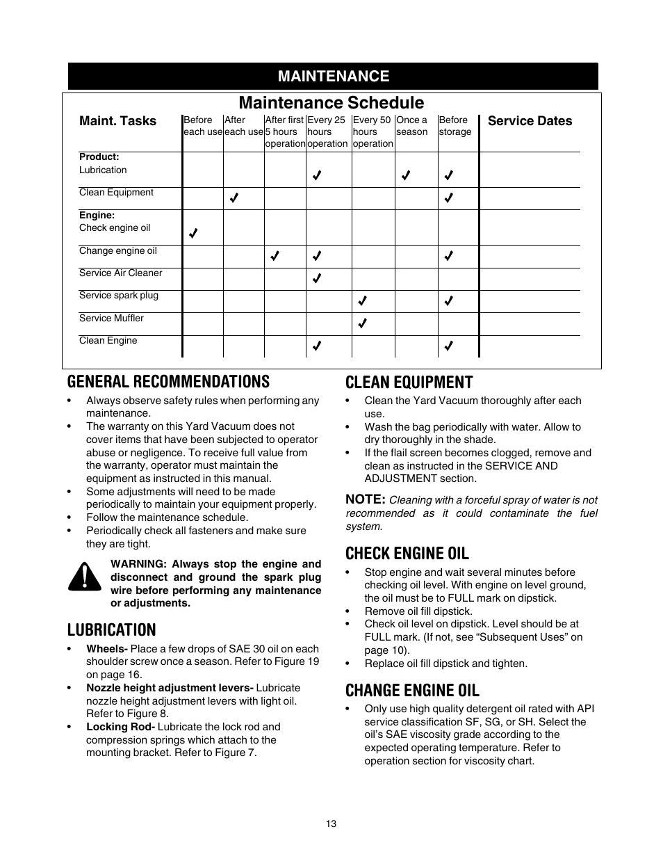 General recommendations, Lubrication, Clean equipment | Check engine oil, Change engine oil, Maintenance schedule, Maintenance | Sears Craftsman 247.77055 User Manual | Page 13 / 56