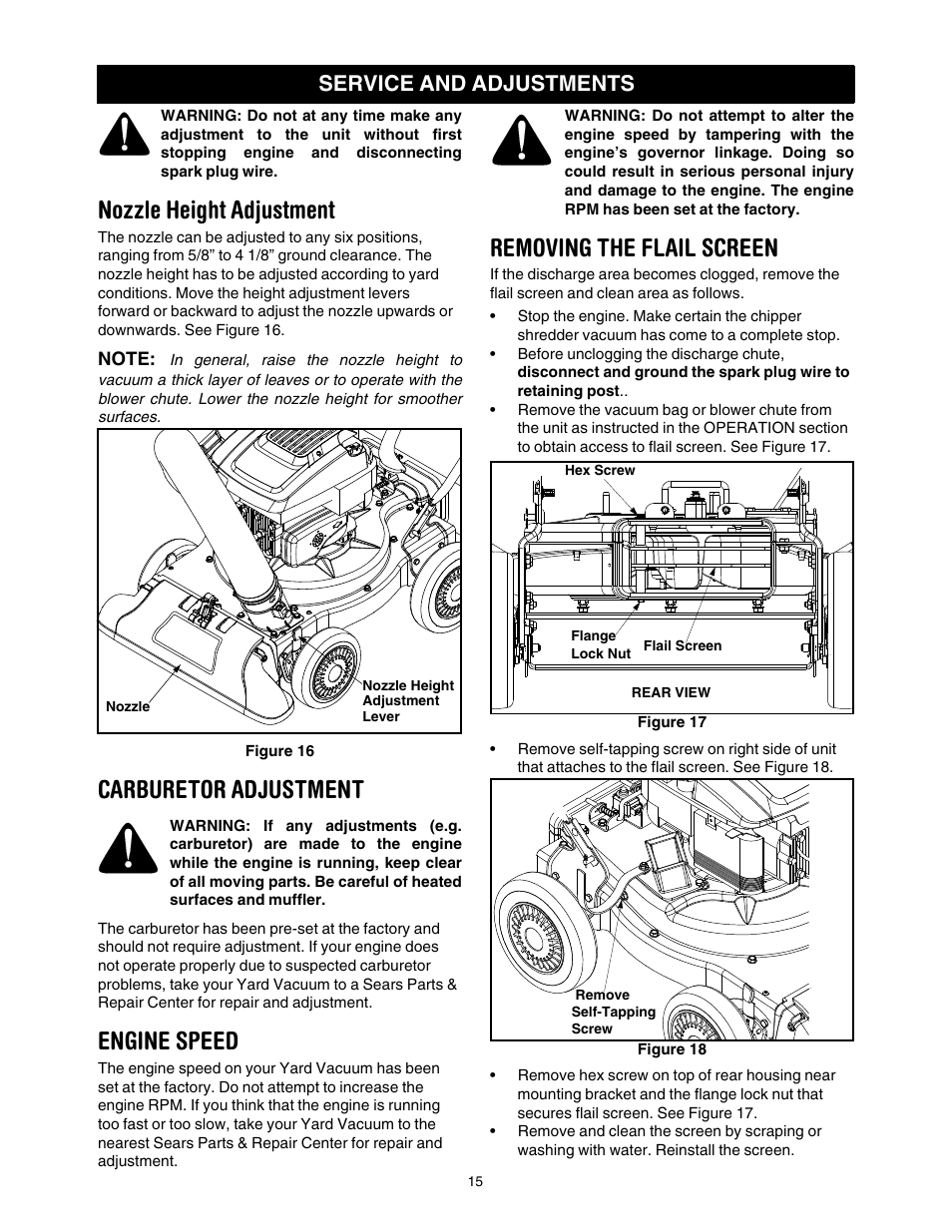 Nozzle height adjustment, Carburetor adjustment, Engine speed | Removing the flail screen, Service and adjustments | Sears Craftsman 247.77055 User Manual | Page 15 / 56