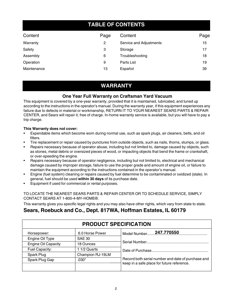 Warranty table of contents, Product specification | Sears Craftsman 247.77055 User Manual | Page 2 / 56