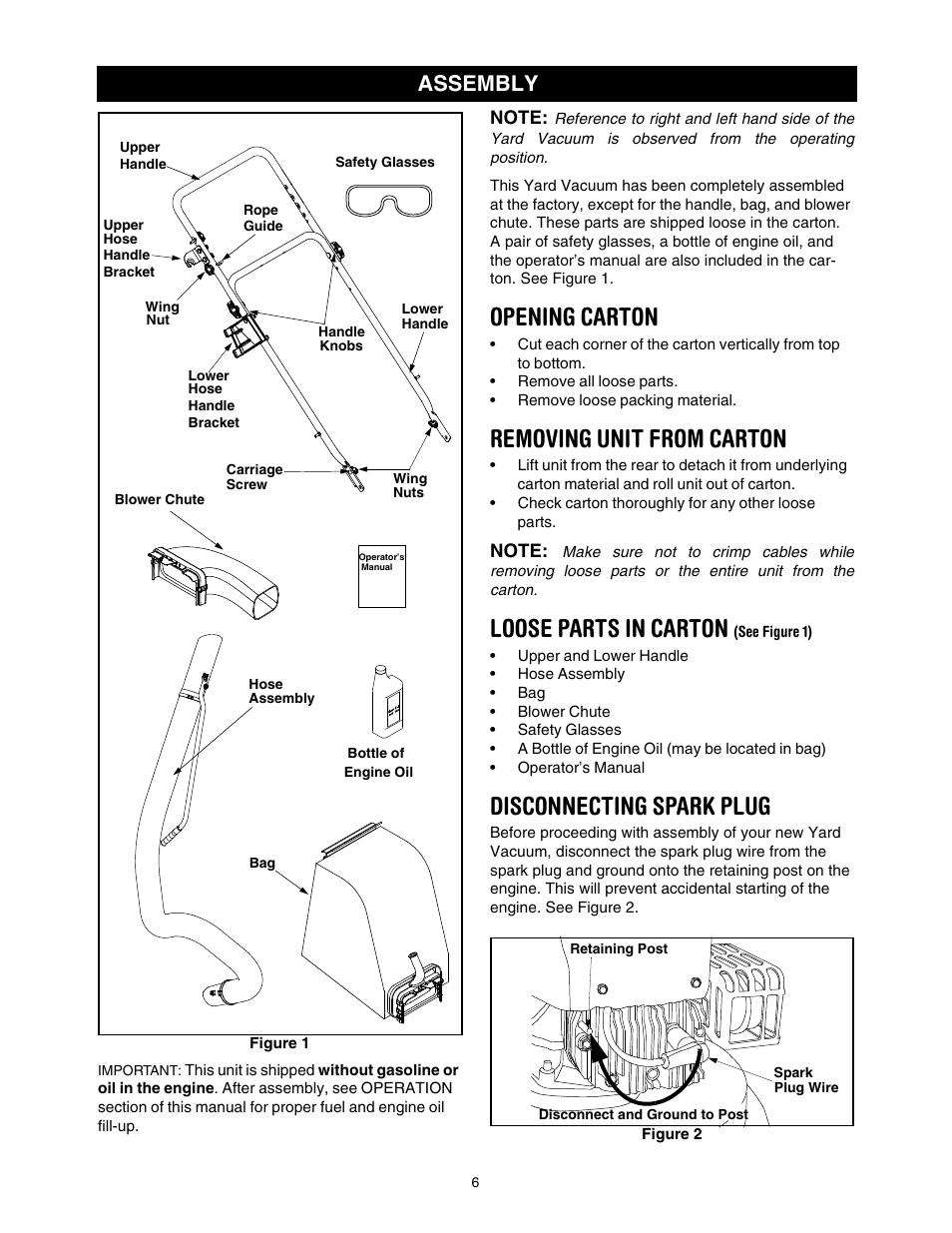 Opening carton, Removing unit from carton, Loose parts in carton (see figure 1) | Disconnecting spark plug, Loose parts in carton, Assembly | Sears Craftsman 247.77055 User Manual | Page 6 / 56