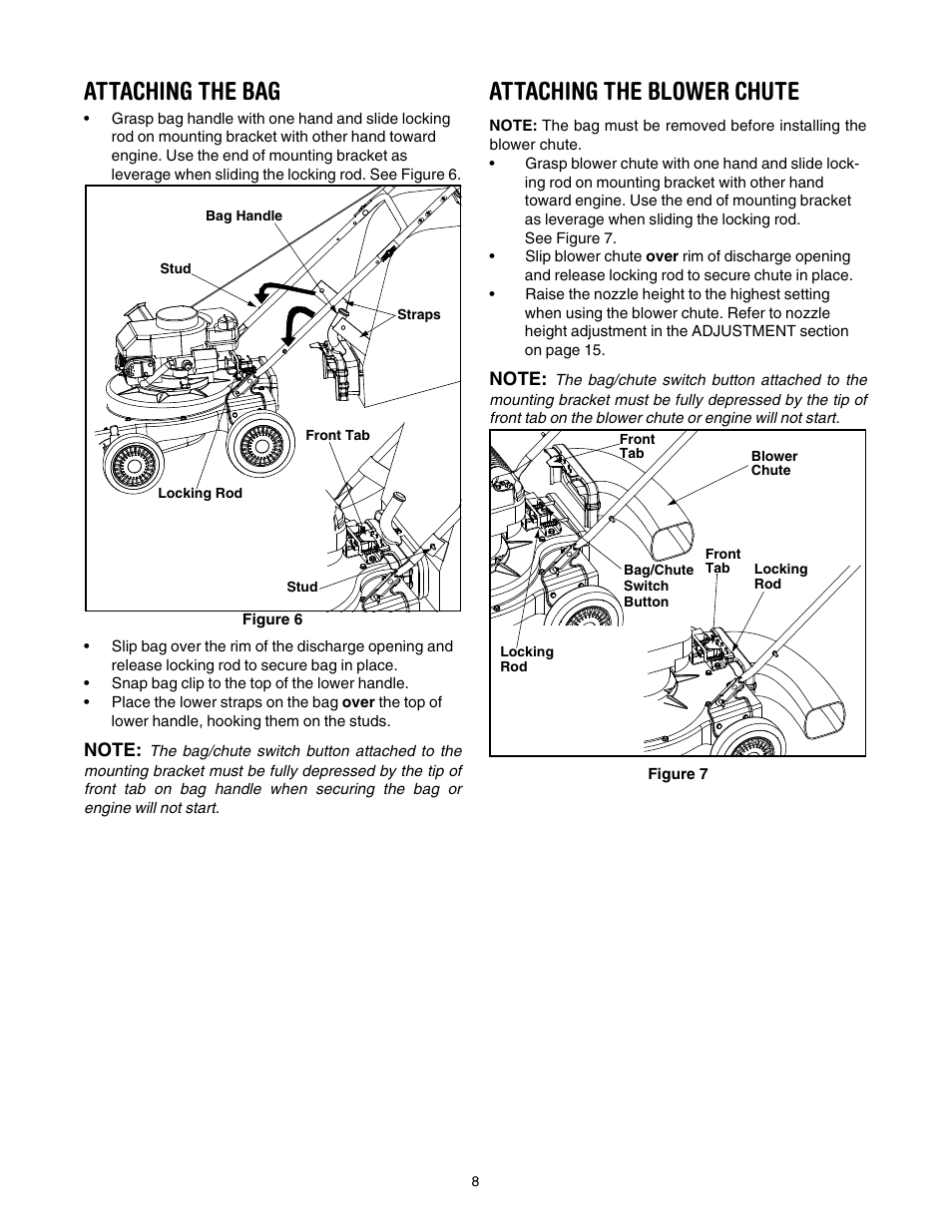 Attaching the bag, Attaching the blower chute | Sears Craftsman 247.77055 User Manual | Page 8 / 56