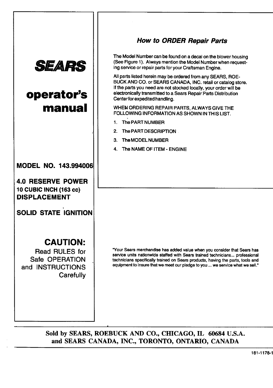 Operator’s manual, Caution, How to order repair parts | Sears 143.994006 User Manual | Page 12 / 12