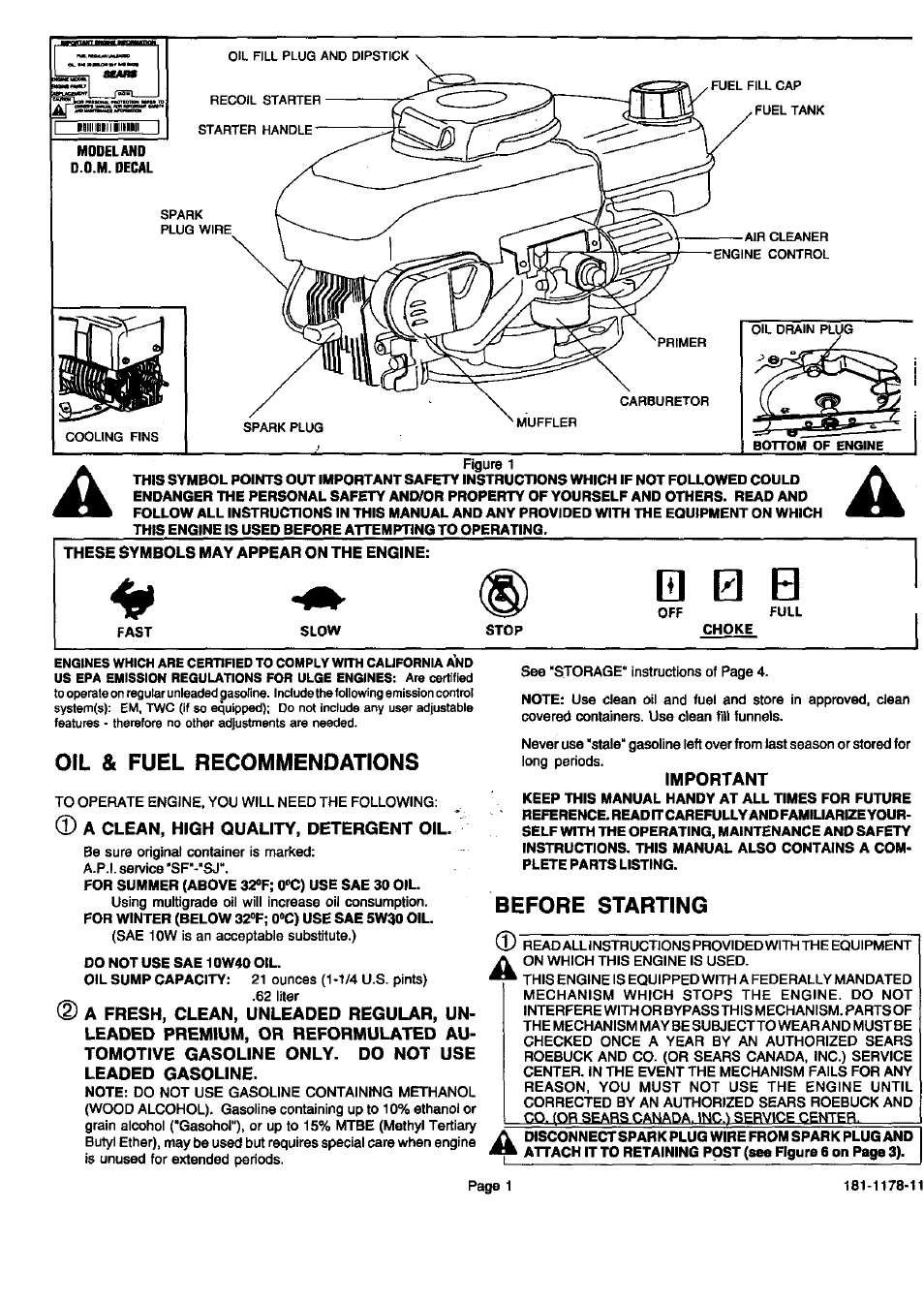 Oil & fuel recommendations, Before starting, A clean, high quality, detergent oil | Important | Sears 143.994006 User Manual | Page 2 / 12