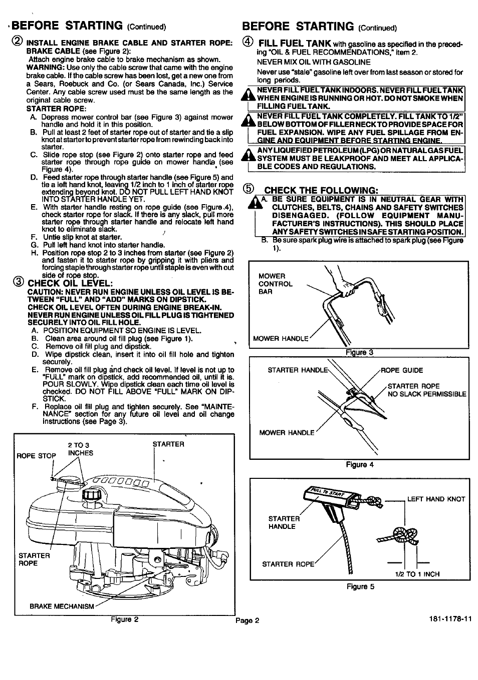 Before starting, Check oil level, Fill fuel tank | Check the following | Sears 143.994006 User Manual | Page 3 / 12