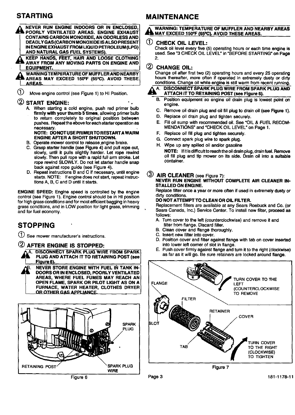 Starting maintenance, Stopping, Start engine | After engine is stopped, Check oil level, Change oil, Air cleaner | Sears 143.994006 User Manual | Page 4 / 12