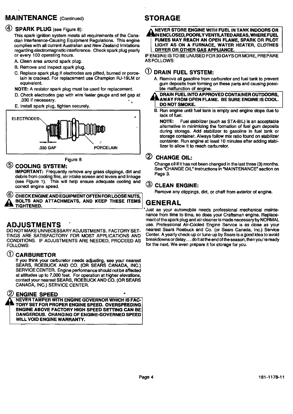 Maintenance, Storage, Adjustments | General, Spark plug, Drain fuel system, Cooling system, Carburetor, Engine speed, Change oil | Sears 143.994006 User Manual | Page 5 / 12