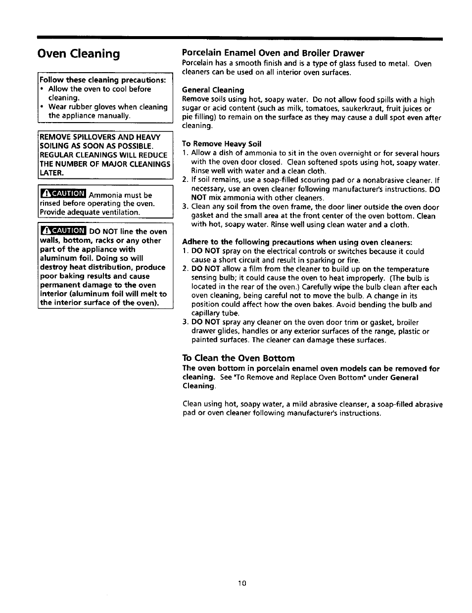 Porcelain enamel oven and broiler drawer, To clean the oven bottom, Oven cleaning | Sears Range User Manual | Page 10 / 18