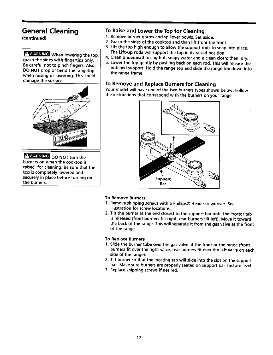 To raise and lower the top for cleaning, To remove and replace burners for cleaning, General cleaning | Sears Range User Manual | Page 12 / 18