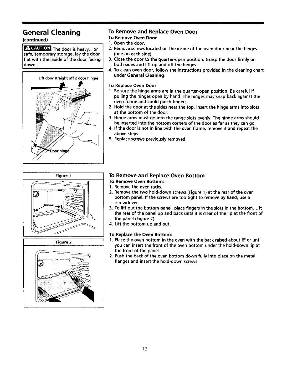 To remove and replace oven door, To remove and replace oven bottom, General cleaning | Sears Range User Manual | Page 13 / 18