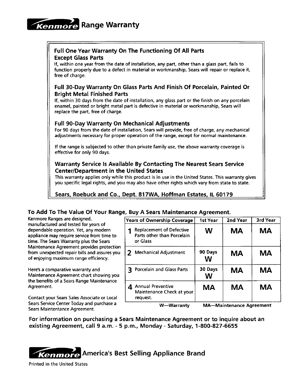 Full 90-day warranty on mechanical adjustments, America's best selling appliance brand, Wma ma | Range warranty, Ullu | Sears Range User Manual | Page 17 / 18