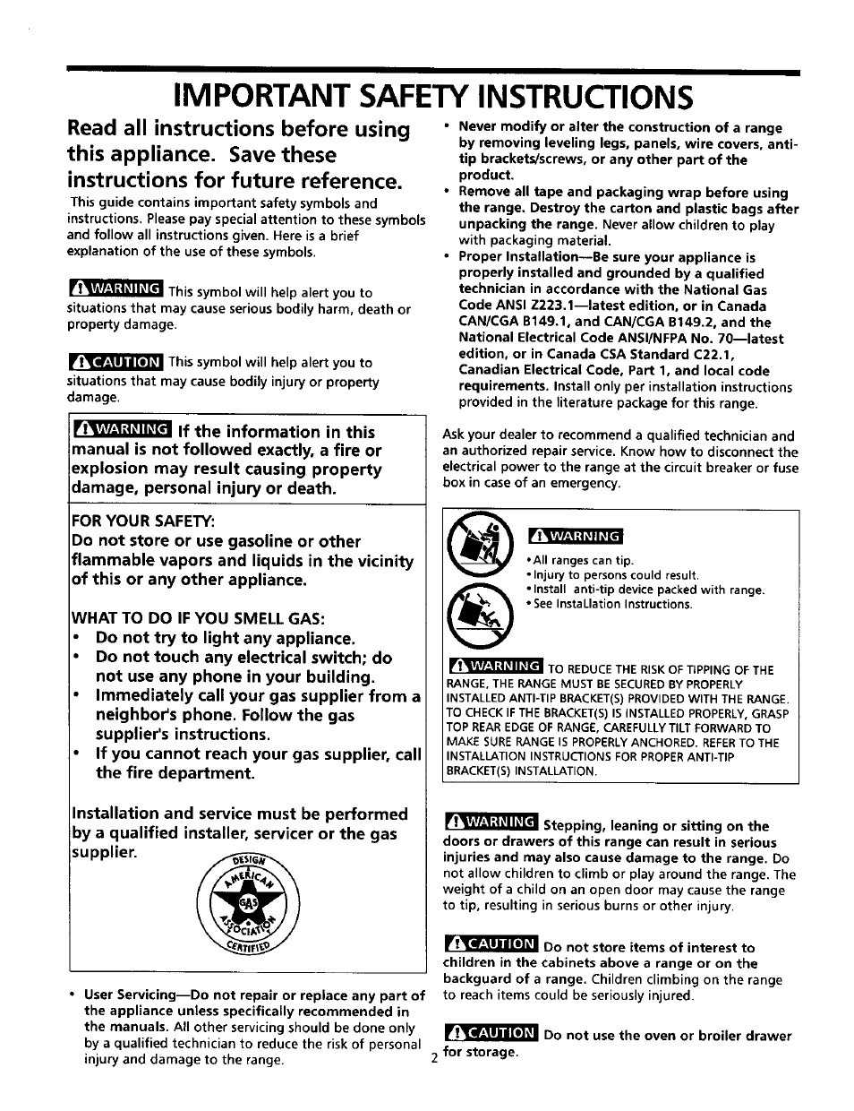 Important safety instructions | Sears Range User Manual | Page 2 / 18