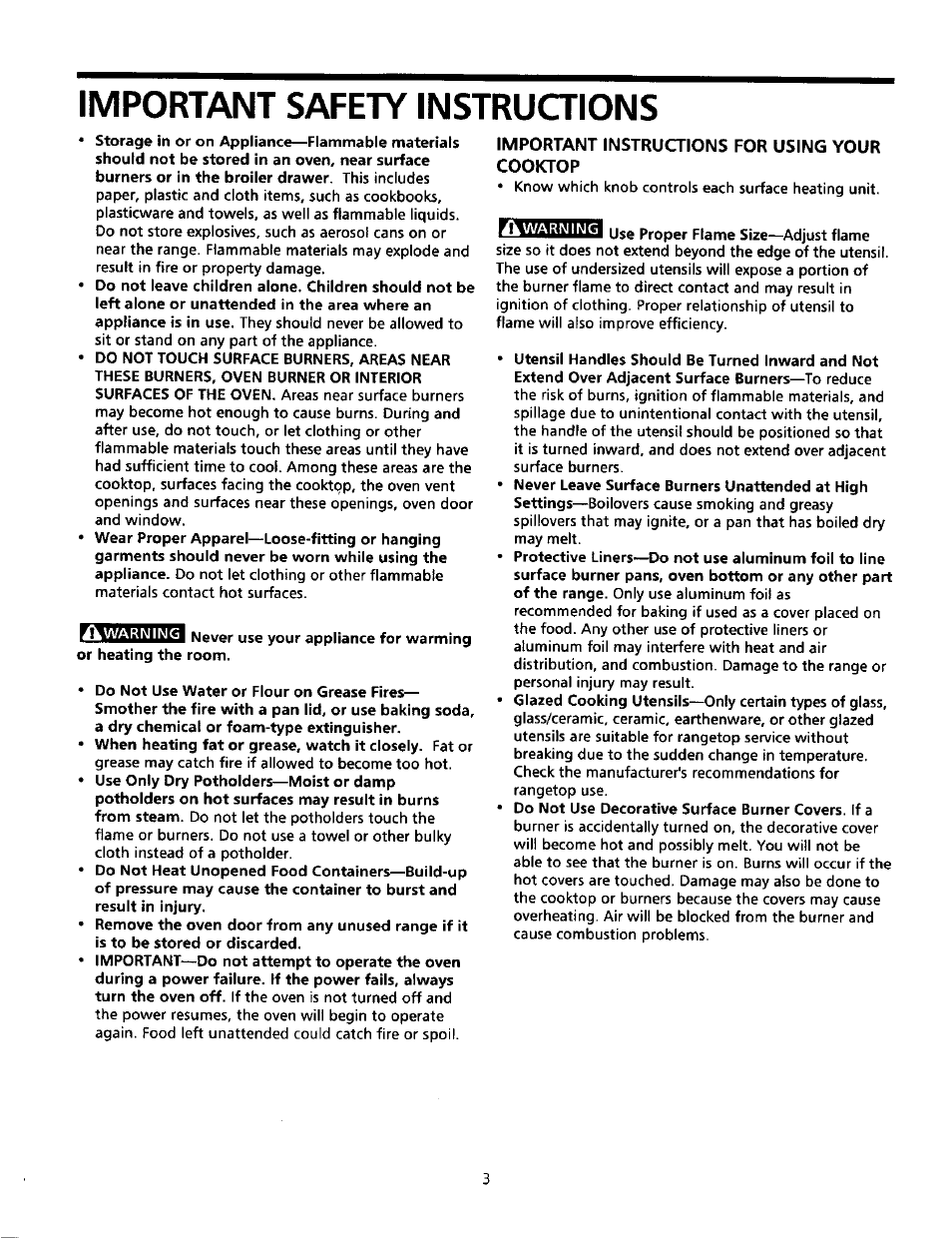 Important instructions for using your cooktop, Important safety instructions | Sears Range User Manual | Page 3 / 18
