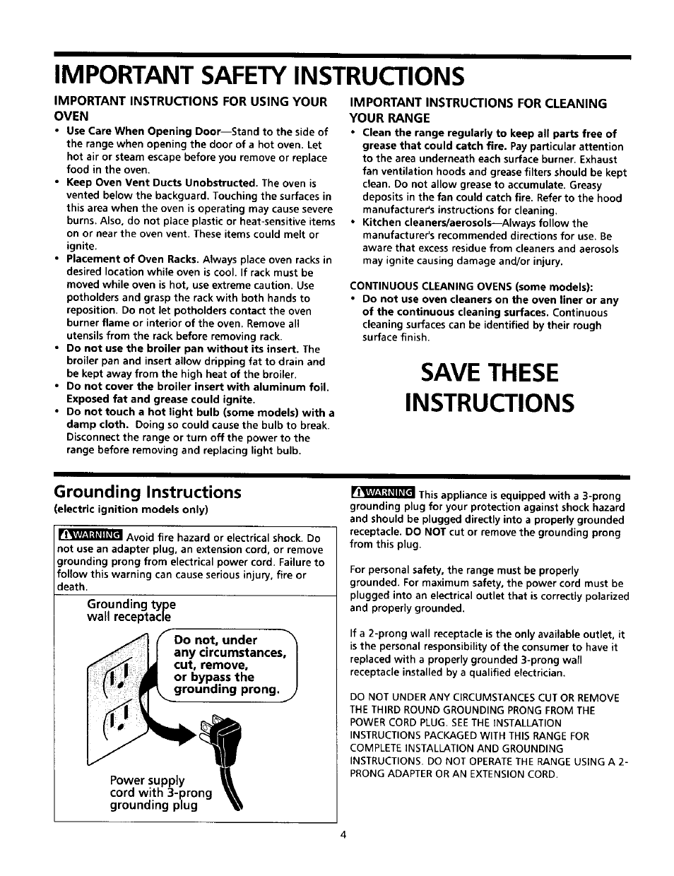 Save these instructions, Grounding type wall receptacle, Power supply cord with 3-prong grounding plug | Important safety instructions, Grounding instructions | Sears Range User Manual | Page 4 / 18