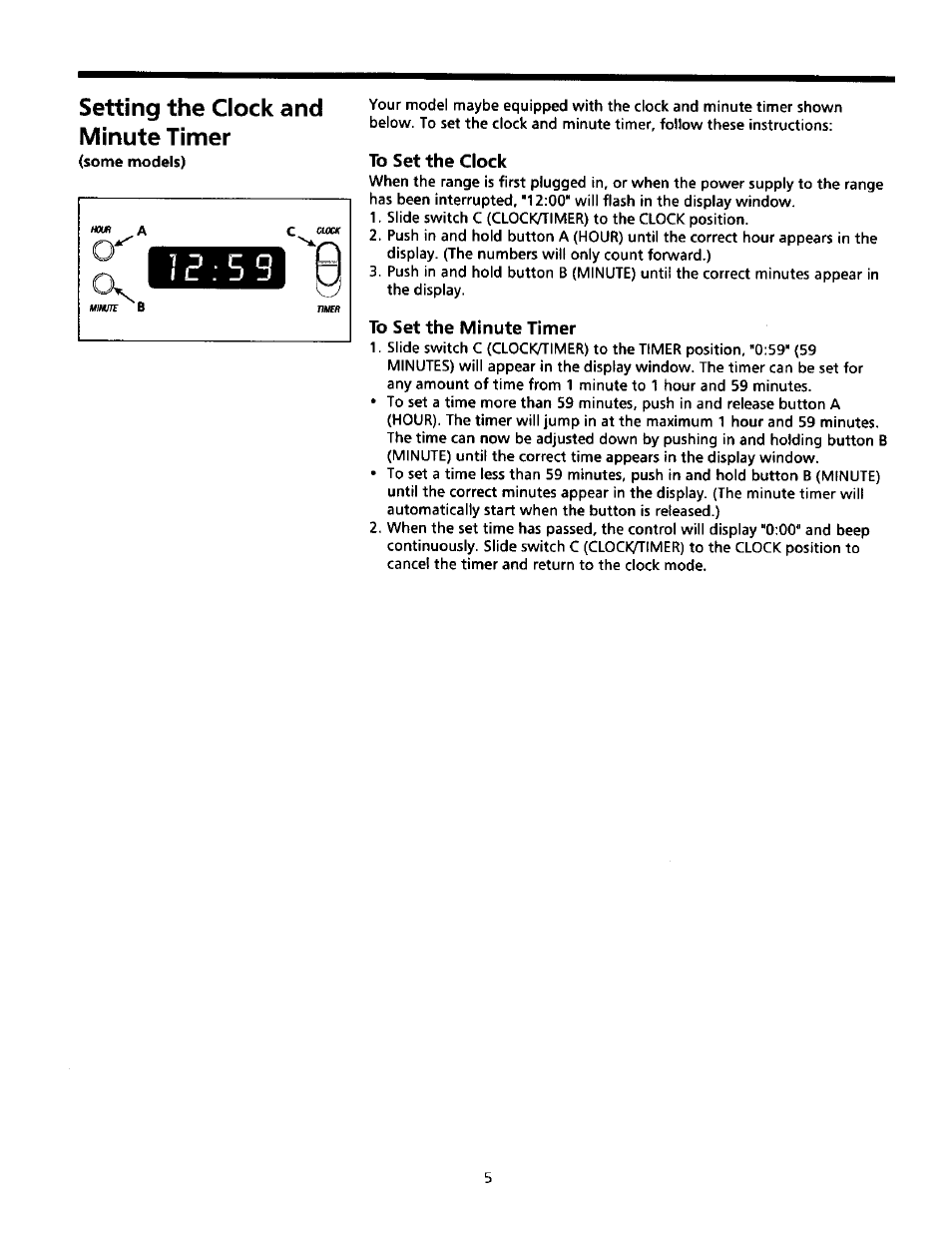 To set the clock, To set the minute timer, Setting the clock and minute timer | Sears Range User Manual | Page 5 / 18