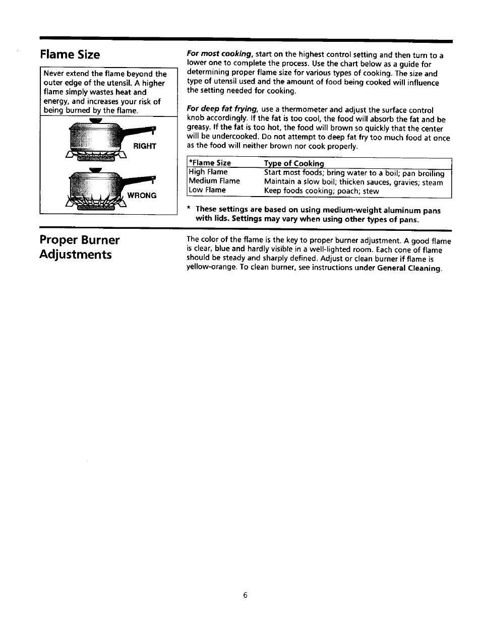 Flame size, Proper burner adjustments | Sears Range User Manual | Page 6 / 18
