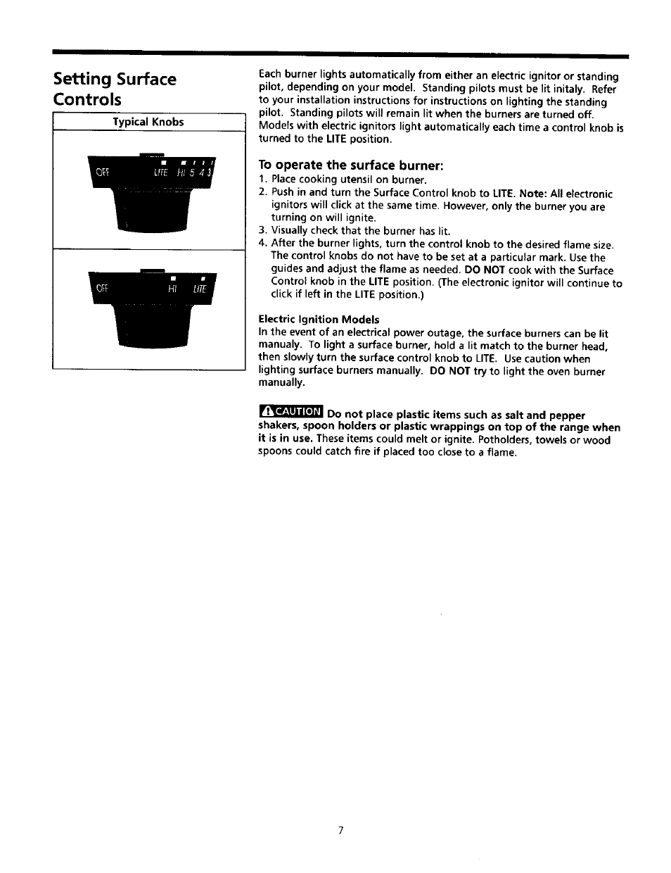 To operate the surface burner, Setting surface controls | Sears Range User Manual | Page 7 / 18