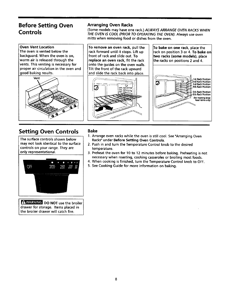 Arranging oven racks, Bake, Before setting oven controls | Setting oven controls | Sears Range User Manual | Page 8 / 18