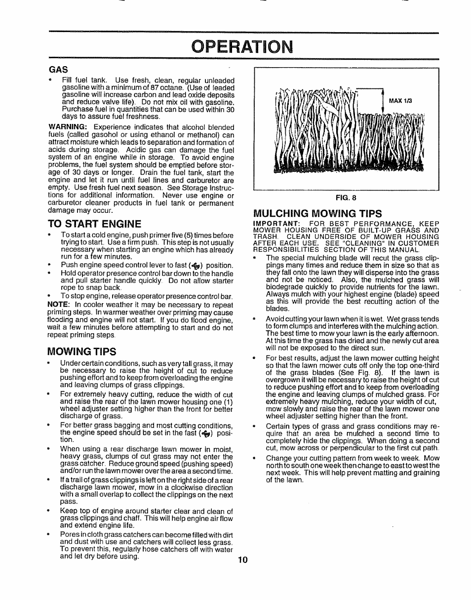 To start engine, Mowing tips, Operation | Mulching mowing tips | Sears 917.38614 User Manual | Page 10 / 19