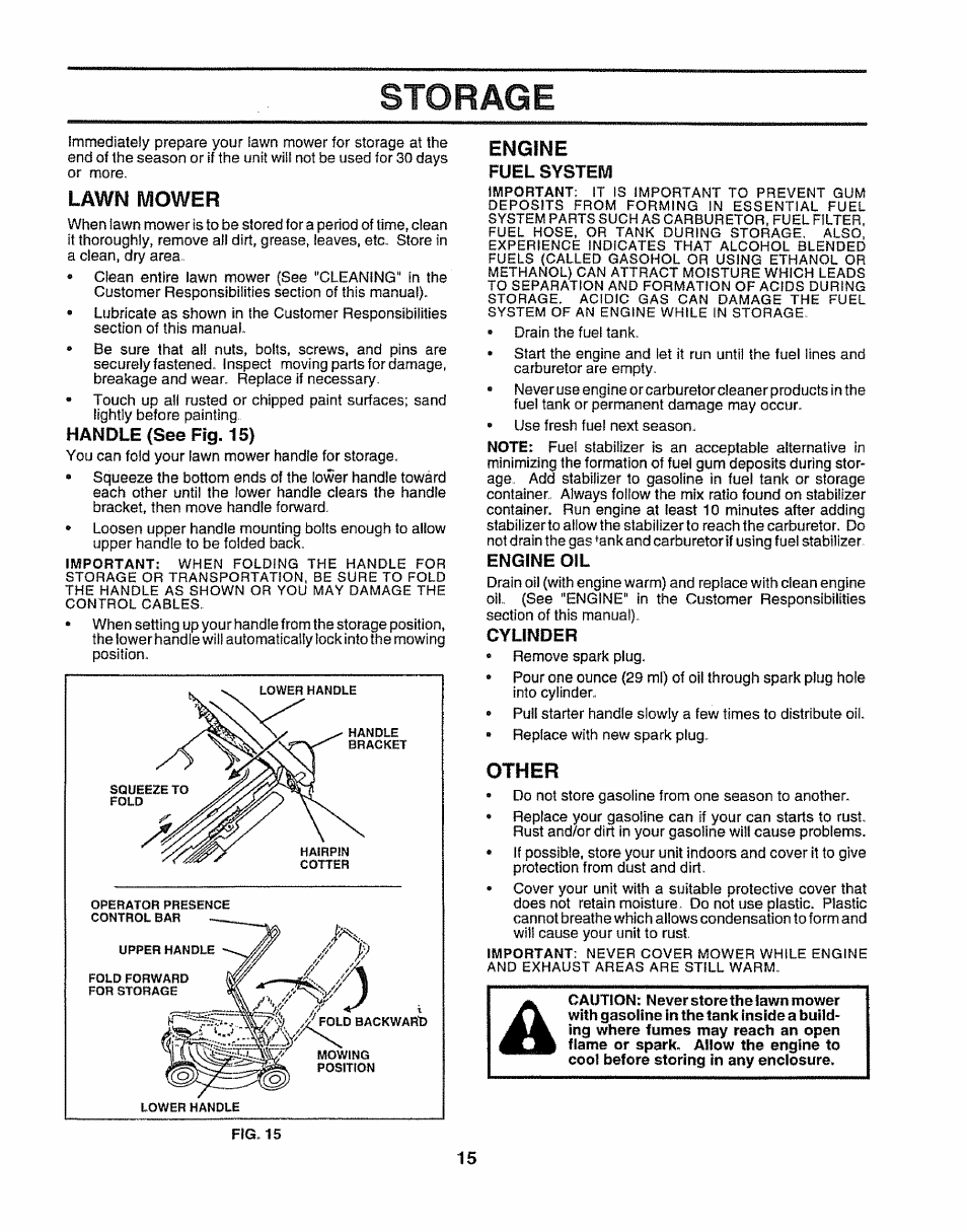Storag, Lawn mower, Handle (see fig. 15) | Engine, Fuel system, Engine oil, Cylinder, Other | Sears 917.38614 User Manual | Page 15 / 19