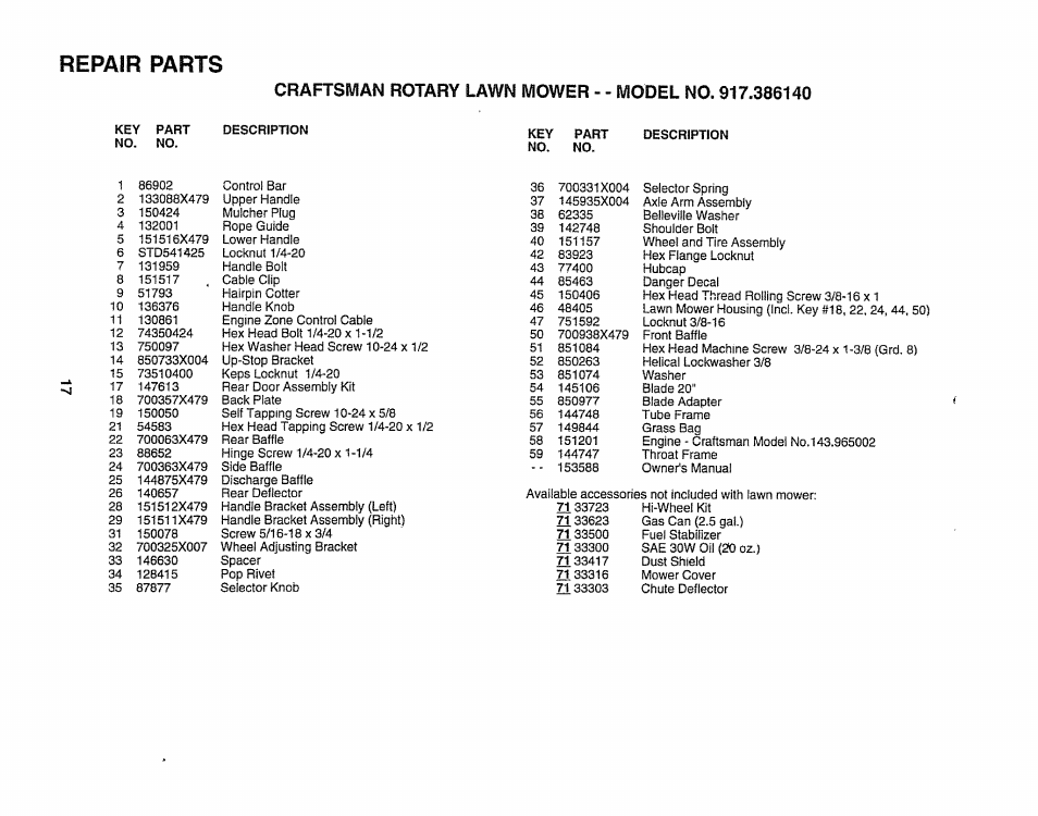 Repair parts | Sears 917.38614 User Manual | Page 17 / 19